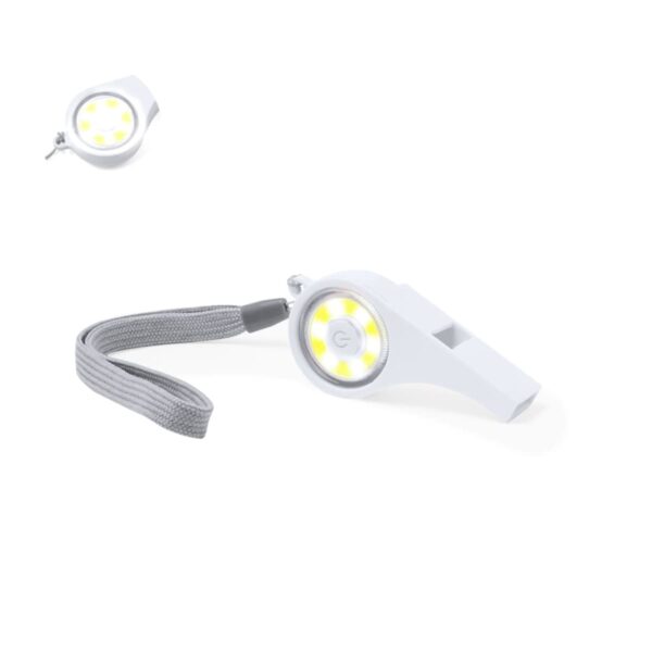 A white whistle-shaped LED flashlight with a circular light panel and a gray wrist strap.