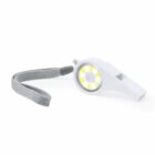 A white whistle with an LED light circle on one end and a gray wrist strap attached.