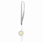 A small handheld white clicker with a circular yellow button in the center and a gray wrist strap attached.