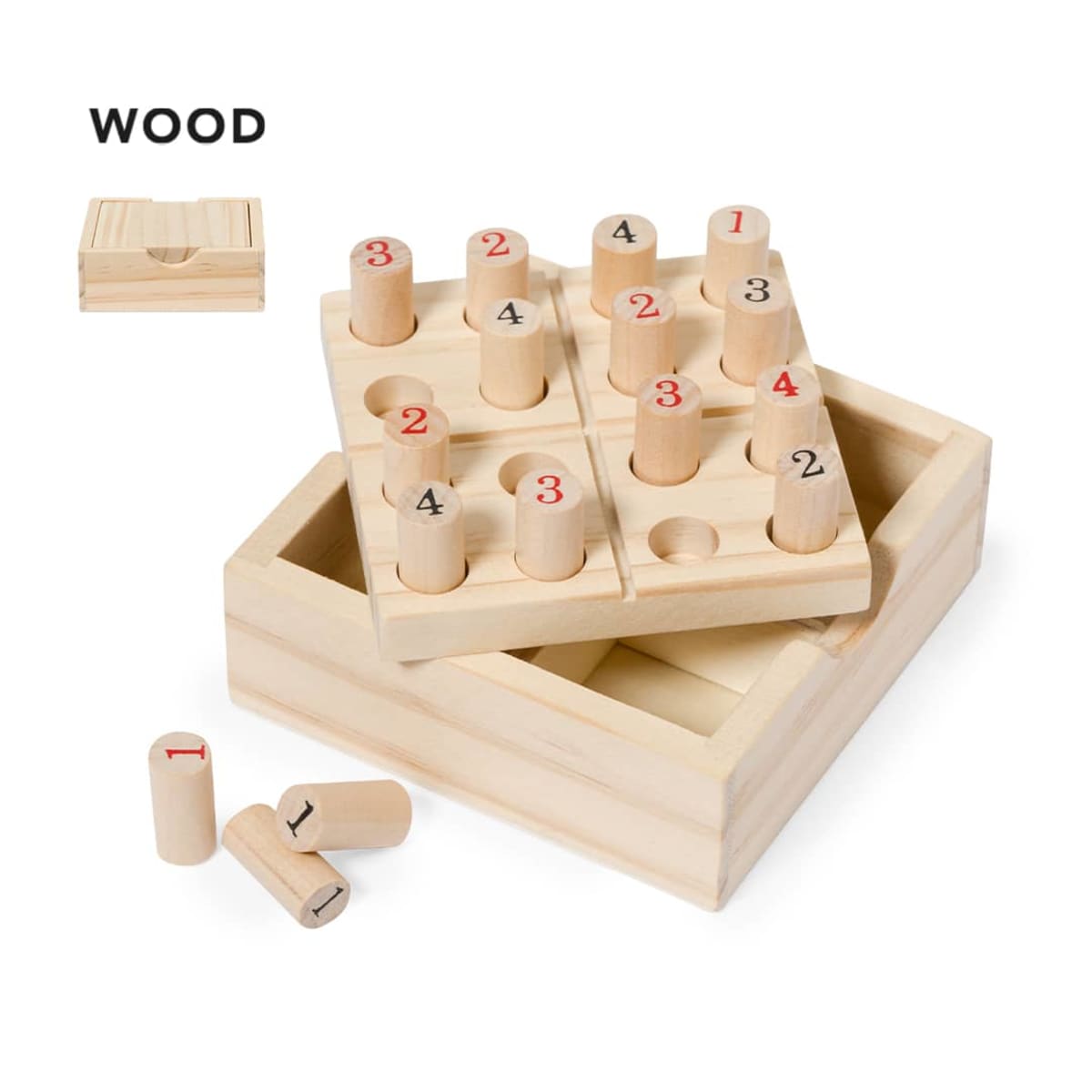 Wooden Sudoku puzzle with numbered pegs and a small storage box. Pegs are numbered 1 to 4 in red and black, placed on a 3x3 grid. Box and grid are made of light-colored wood.