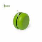 A green yo-yo made from wheat straw material is displayed against a white background. The yo-yos string is loosely wound. The words WHEAT STRAW with a leaf design appear in the top left corner.