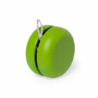 A bright green yo-yo with a white string is shown against a plain white background.