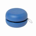 A blue yo-yo with a coiled white string is set against a plain white background. The yo-yo is closed, displaying its smooth, round shape.