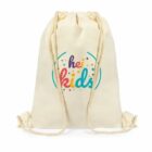 A beige drawstring backpack with braided ropes featuring a colorful circular design that reads hei kids with playful dots around it.