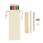 A set of stationery items including several colored pencils in a cream-colored drawstring pouch, a wooden ruler, a wooden pencil and pen, a sharpener, and a white eraser arranged neatly on a white background.