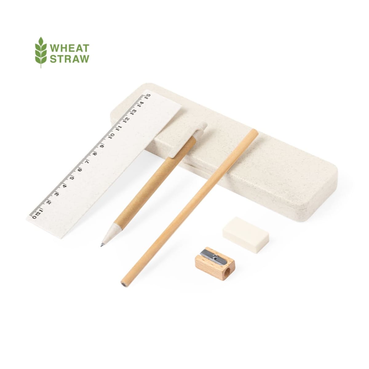 A stationery set with a ruler, pencil, pen, eraser, sharpener, and a rectangular case made from eco-friendly wheat straw material, displayed on a white background.