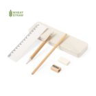 A stationery set with a wooden pencil, a ruler with metric measurements, a beige eraser, a sharpener, and a pencil case. The label Wheat Straw is in the top left corner.