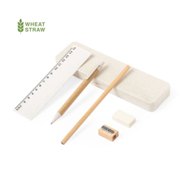 A stationery set with a wooden pencil, a ruler with metric measurements, a beige eraser, a sharpener, and a pencil case. The label Wheat Straw is in the top left corner.