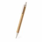 A retractable ballpoint pen with a brown cardboard barrel and white plastic accents, including the clip and click mechanism, isolated on a white background.