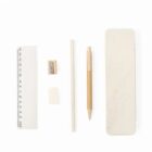 A minimalist set of stationery items arranged on a white background, including a ruler, pencil sharpener, eraser, wooden pencil, pen, and a pencil case. All items are in neutral tones.