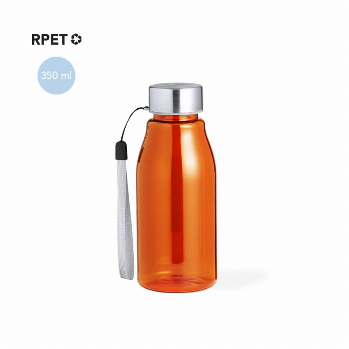 Transparent orange water bottle with a silver cap and gray strap. A blue circle with 350 ml is on the upper left corner, along with RPET and a recycling symbol, indicating its made from recycled materials.