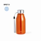An orange reusable water bottle with a silver lid and a gray carrying strap. The bottle is labeled RPET and has a capacity of 350 ml.