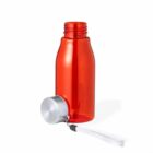 A red translucent water bottle without a cap, which is placed on its side. The cap is metallic with a white carrying strap attached to it. The bottle is standing upright on a white background.