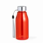 A red translucent plastic water bottle with a silver screw-on lid and an attached gray carrying strap on the side. The bottle is upright against a plain white background.