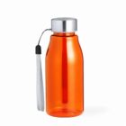 A bright orange water bottle with a metallic silver cap and a gray strap attached to the top. The bottle is slightly transparent and stands upright against a white background.