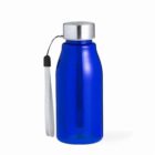 A blue water bottle with a silver cap and a gray strap attached. It has a simple and sleek design, standing against a plain white background.