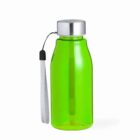 A bright green water bottle with a silver cap and a gray strap attached to the cap. The bottle is set against a plain white background.