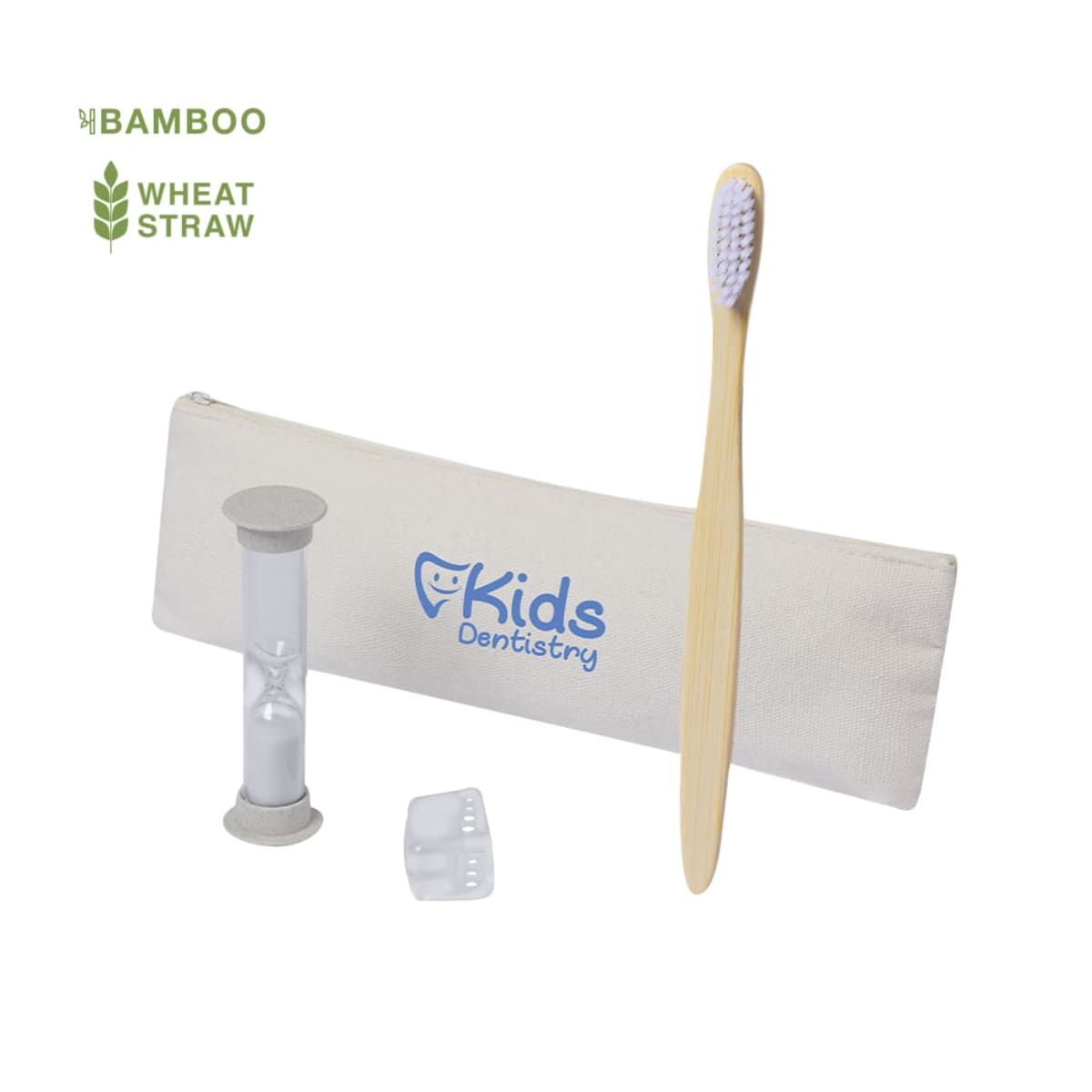 A bamboo toothbrush with soft bristles, a small sand timer, and a dental tray are displayed next to a beige pouch labeled Kids Dentistry. The pouch is made of wheat straw, as indicated by the icons and text at the top left.