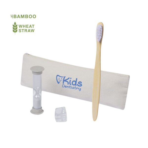A kids dental set featuring a bamboo toothbrush, a sand timer, a dental case, and a beige pouch with Kids Dentistry printed on it. Bamboo and Wheat Straw labels with icons are shown in the top left corner.
