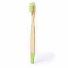 Wooden toothbrush with green bristles and a green tip on the handle, standing upright against a white background.