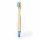 A bamboo toothbrush with blue bristles and a blue tip, set against a white background.
