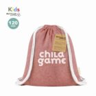 A pink drawstring bag made of recycled cotton is shown. It features the text child game on the front. The bag has a tag labeled Recycled Cotton. A Kids and 120 GSM label is visible in the top left corner.