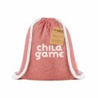 A pink cloth drawstring bag with white cords features the text chila game in white. A brown recycled paper tag is attached, highlighting eco-friendly credentials.