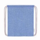 A blue drawstring backpack with simple design and gray cords. The fabric appears to be a soft, lightweight material. The backpack is laid flat against a plain white background, showcasing its rectangular shape.