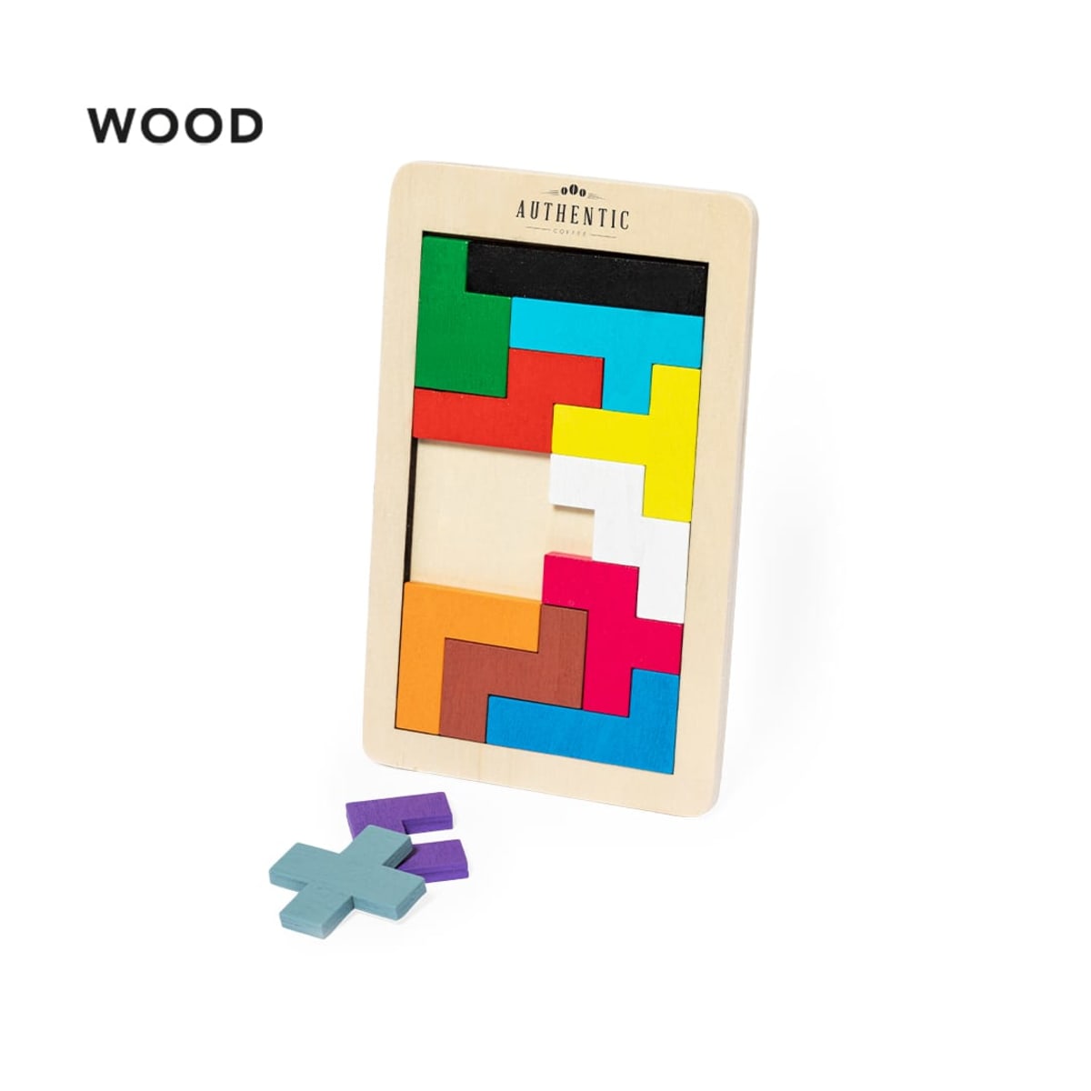 Wooden puzzle game featuring colorful interlocking pieces in various shapes. Some pieces are arranged in a rectangular frame, while a few, including purple and blue cross shapes, are outside the frame. The word WOOD is displayed at the top left.