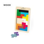 Wooden puzzle with colorful geometric pieces placed within a rectangular frame. Two purple pieces are outside the frame. The word WOOD is in the upper left corner, and AUTHENTIC is at the top center of the frame.
