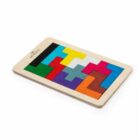 A wooden puzzle with colorful Tetris-like pieces arranged neatly on a rectangular board. The pieces include red, yellow, blue, green, orange, purple, and white, creating a vibrant mosaic of interlocking shapes.
