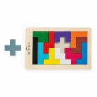 A colorful wooden puzzle with geometric pieces inside a rectangular frame. One blue cross-shaped piece is placed outside the frame on the left. Pieces are red, green, purple, orange, pink, blue, yellow, and white. Frame labeled Authentic.