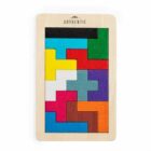 Wooden rectangular puzzle with colorful interlocking Tetris-like pieces, including red, blue, yellow, green, and purple shapes. The frame is natural wood with the word Authentic at the top.