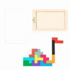 A wooden rectangular frame and a colorful collection of interlocking geometric blocks arranged in a swan shape, each block a different color, set against a plain white background.