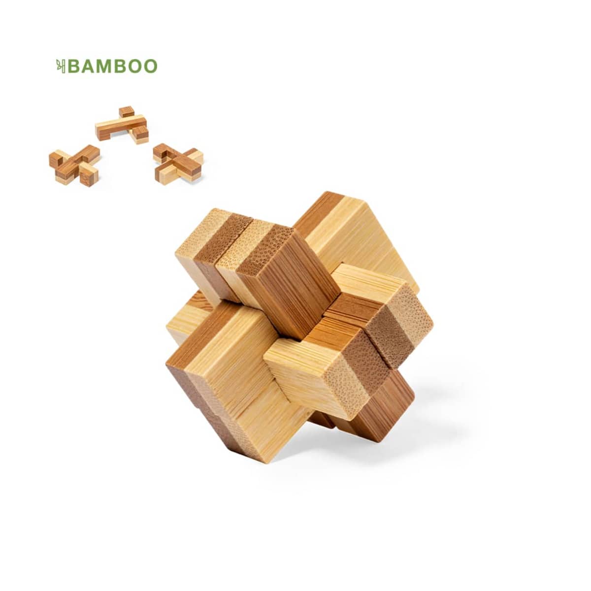 A bamboo wooden puzzle featuring interlocking pieces is shown on a white background. Some puzzle pieces are displayed separately at the top left. The logo Bamboo is in the top left corner.