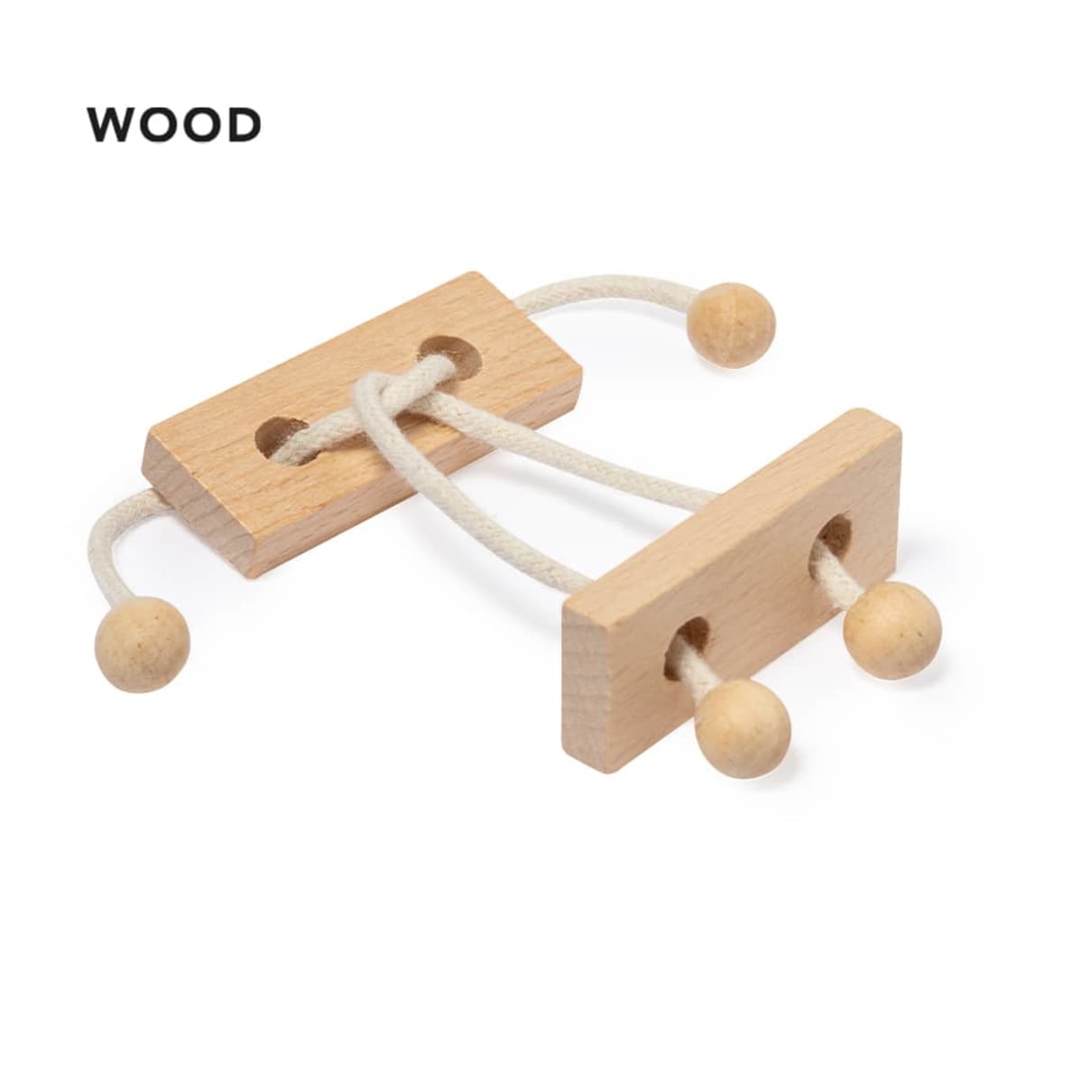 A wooden puzzle featuring two rectangular blocks connected by a string with beads on each end. The blocks have holes through which the string is threaded. The word WOOD appears in the top left corner.