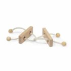 Wooden toy puzzle consisting of two rectangular bars, each with two holes, connected by white ropes threaded through the holes. Wooden beads secure the ropes on both ends.