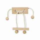 A wooden puzzle with two interconnected pieces and four strings. The top piece is rectangular with holes, and the bottom piece is a straight rod. The strings are knotted with circular beads at the ends.