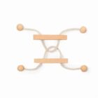 Wooden puzzle featuring two parallel wooden bars connected by ropes, with a looped knot in the center. Four wooden spheres are attached at the ends of the ropes, arranged against a white background.