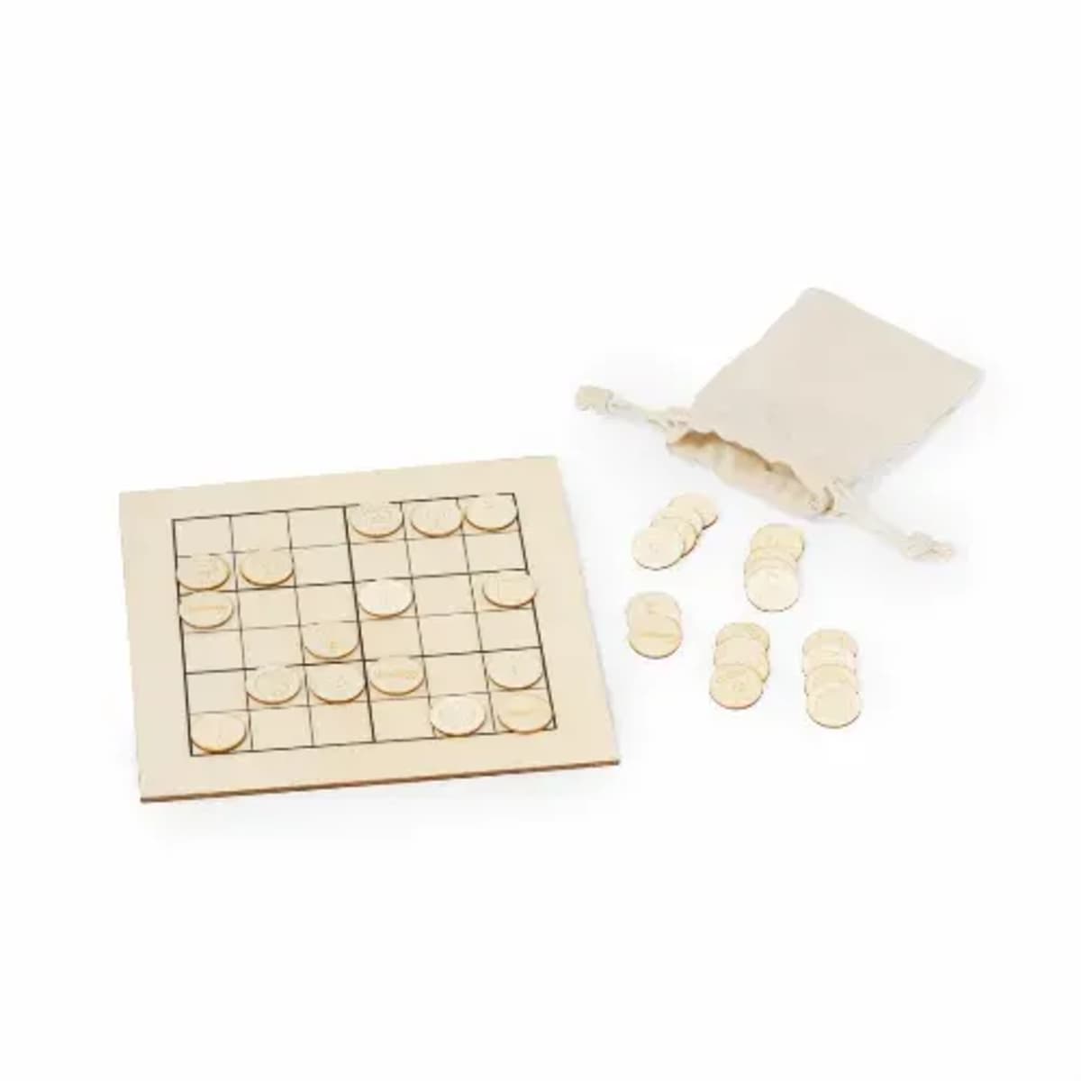 A wooden board game with a 5x5 grid, partially filled with small, round wooden tokens. Additional tokens are scattered next to the board, alongside a small fabric pouch.