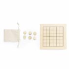 A minimalist board game set with a grid playing board, six wooden tokens with various designs, and a small drawstring pouch for storage.