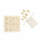 Wooden game board with a grid pattern alongside a white drawstring bag and several small wooden discs. The board and pieces are arranged on a white background.