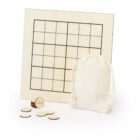 A wooden board with a 6x6 grid next to a small cloth drawstring bag and several wooden tokens.