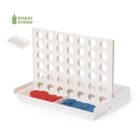 A white Connect Four game board made of wheat straw with red and blue playing pieces.