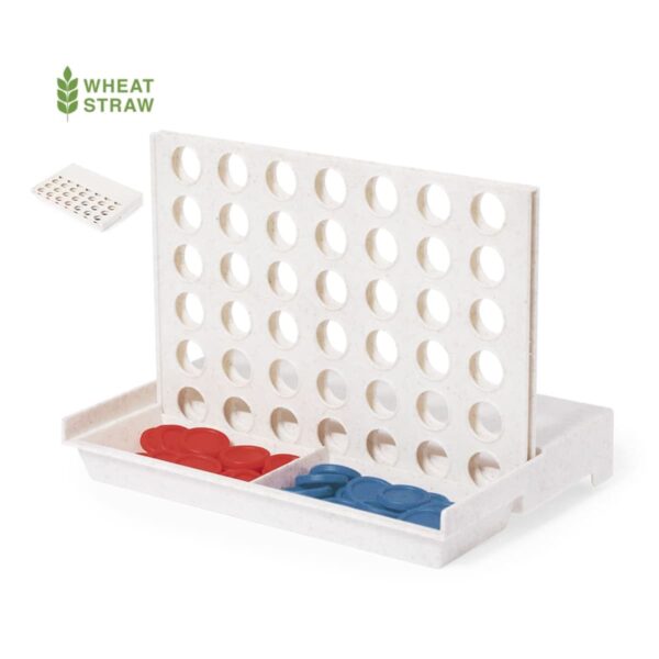 A white Connect Four game board made of wheat straw with red and blue playing pieces.