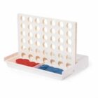 A Connect Four game set featuring a white vertical grid with circular openings, resting on a base. Below, two compartments hold red and blue checkers used for gameplay.