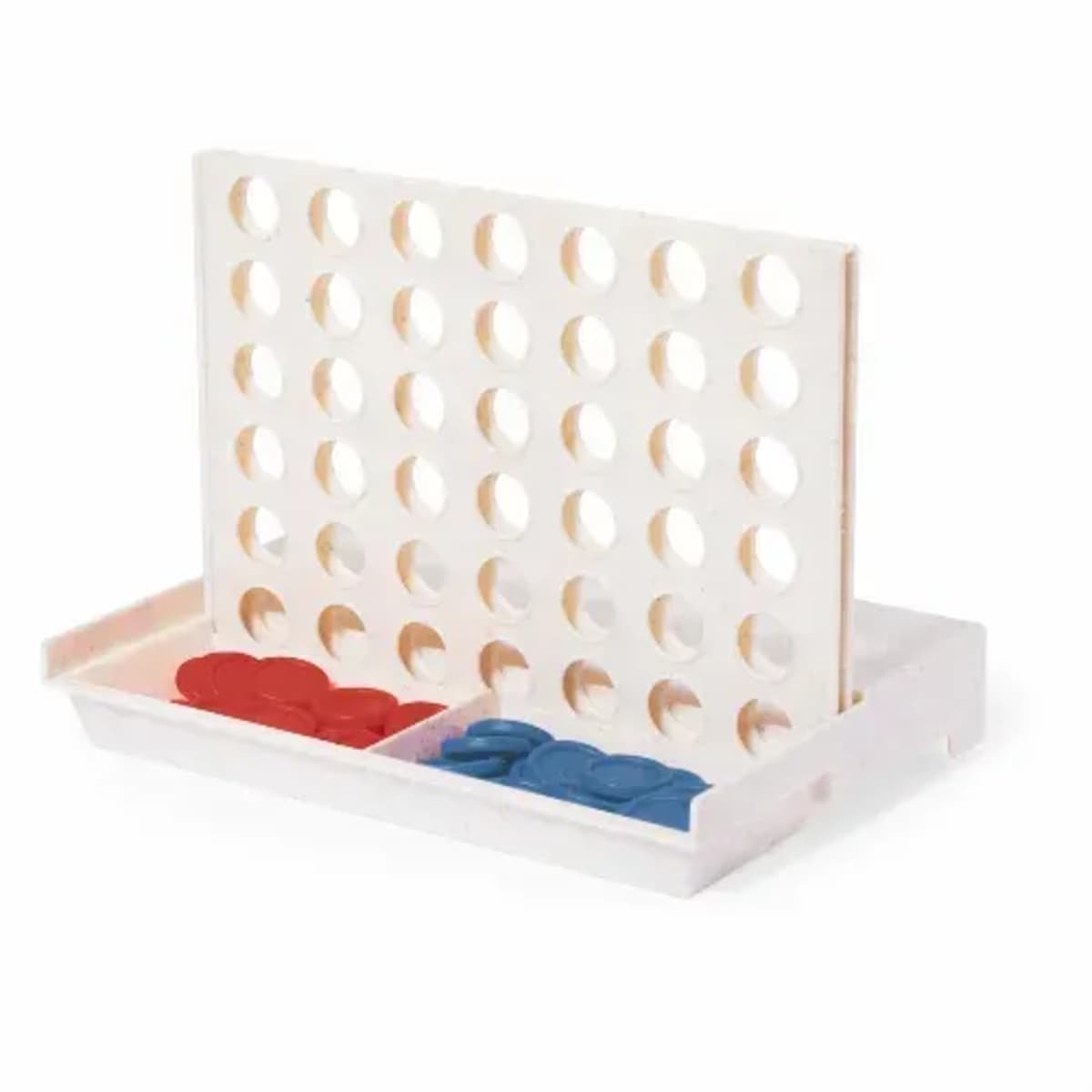 A Connect Four game set featuring a white vertical grid with circular openings, resting on a base. Below, two compartments hold red and blue checkers used for gameplay.