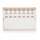 Rectangular wooden box with an open lid revealing a grid of circular indentations inside, designed to hold small items. The exterior and interior have a natural wood finish.