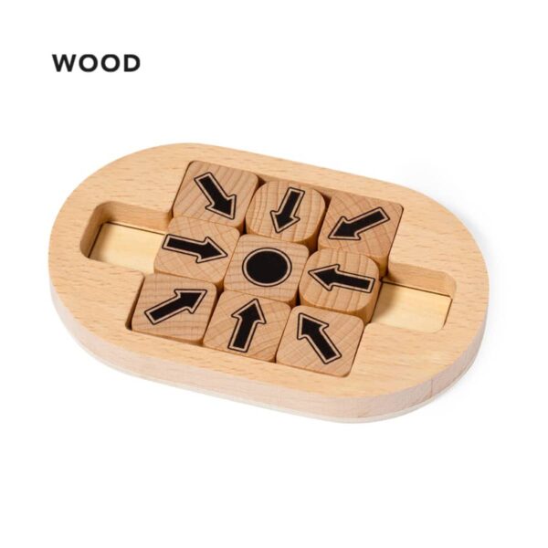 A wooden puzzle featuring nine square blocks with black arrow designs. The blocks are arranged in a 3x3 grid on an oval base. The word WOOD is in the top left corner.