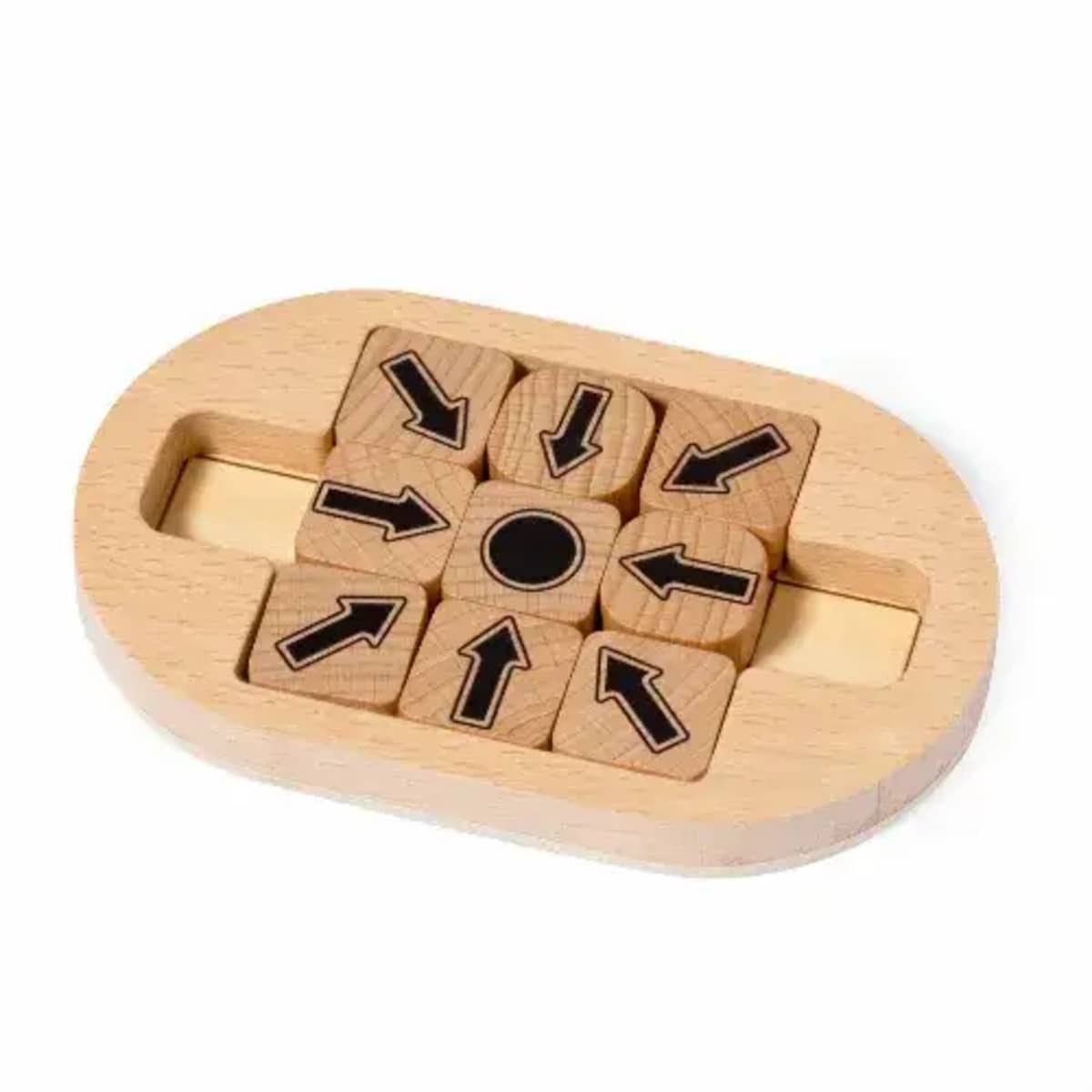 Wooden puzzle with a rectangular base and eight blocks, each featuring a black arrow pointing toward a central circle. The blocks fit into an oval frame with a slide opening on the side.